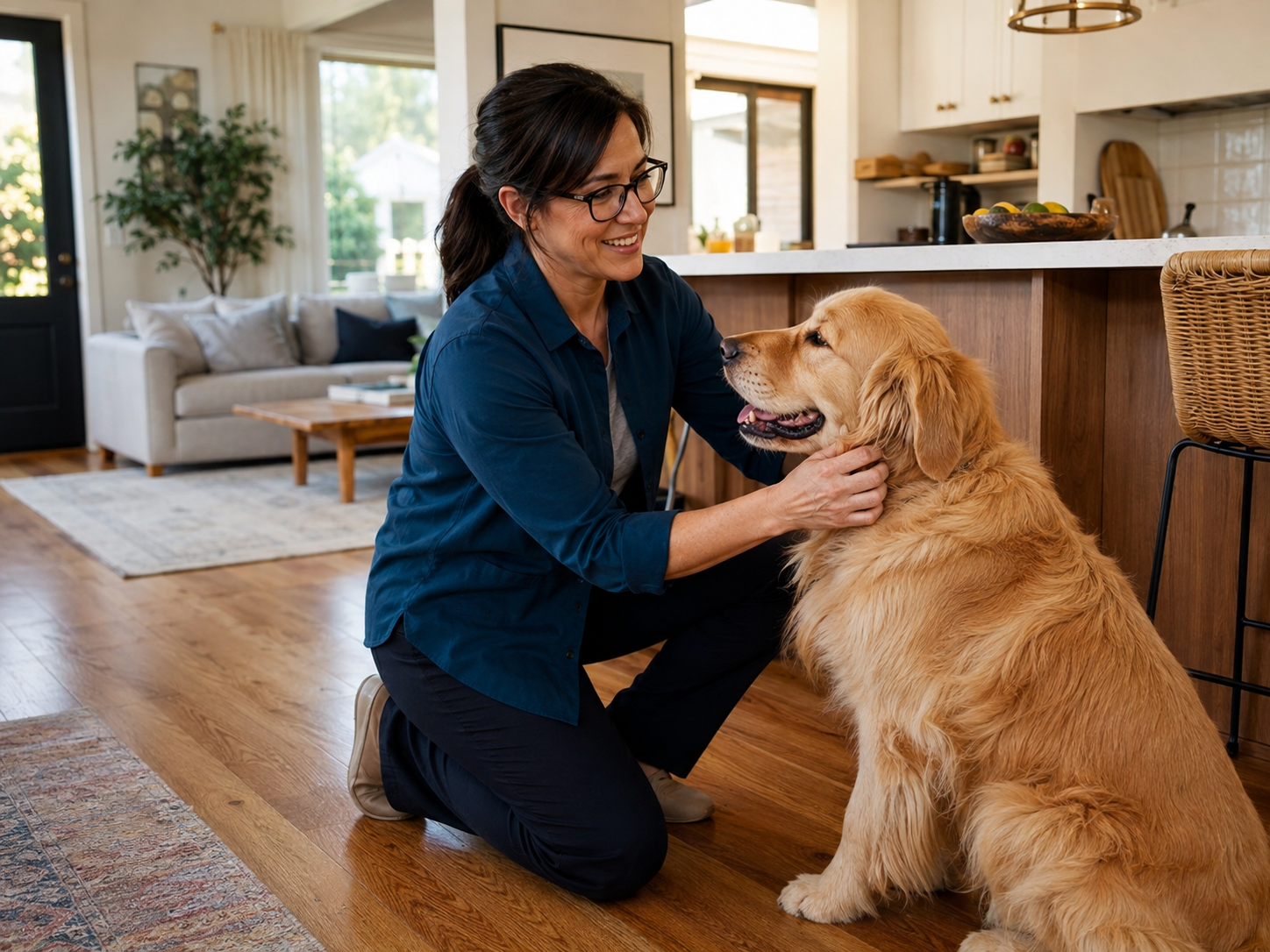 A friendly helper wearing camera glasses greets a golden retriever in a sunny home